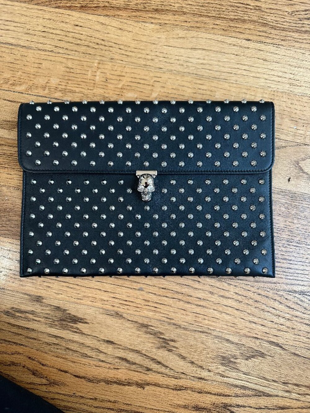 Alexander McQueen Black and Silver Studded Leather Skull Clutch